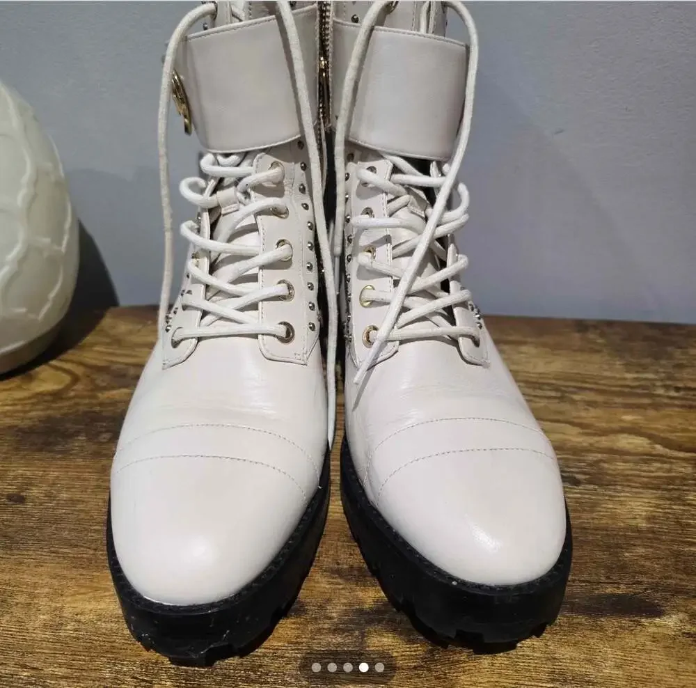 Michael Kors Tatum Leather Combat Boots Size 9M White Gold Studded Biker Boots